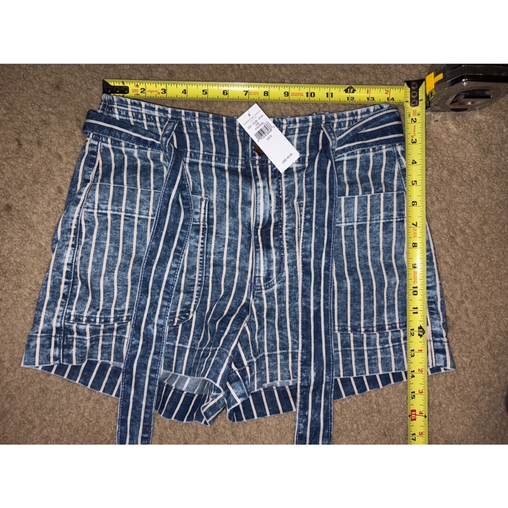 American Eagle Striped Paperbag Denim Shorts Blue Acid Wash Tie Belt Sz 6 T42-26